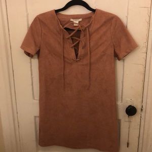 XS Pink velvet lace up dress with short sleeves